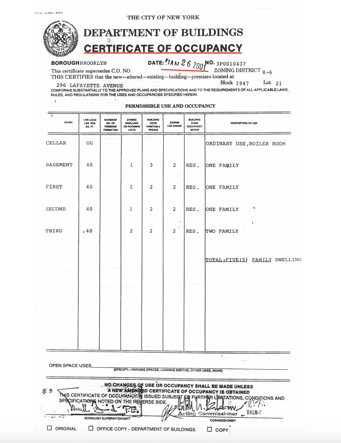 2001 Certificate of Occupancy